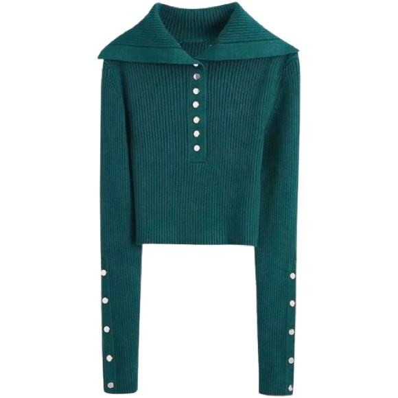 Zara-Lapel Solid Ribbed Knitwear Cropped Sweater - Picture 3 of 9